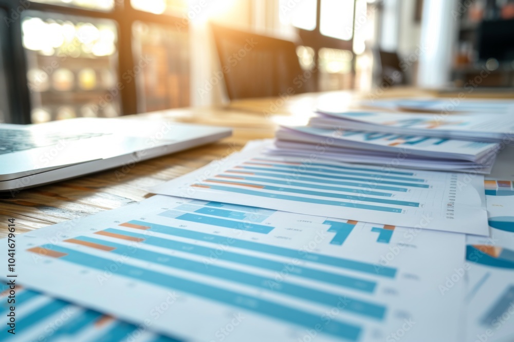 Collection of business analytics charts and graphs stacked on each other on paper on desk in office Collection of business analytics charts and graphs stacked on each other on paper on desk in office