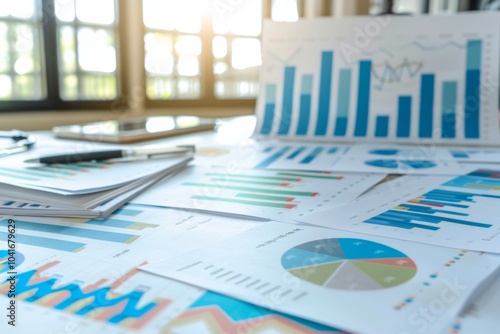 Collection of business analytics charts and graphs stacked on each other on paper on desk in office