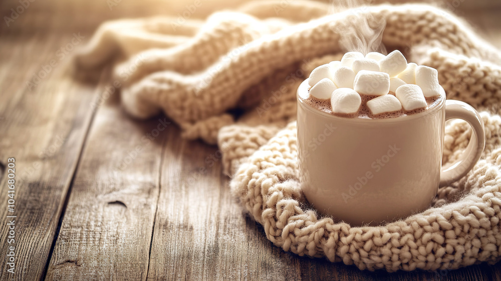 Steaming mug of hot chocolate topped with marshmallows sits on rustic wooden table, wrapped in cozy knitted blanket Steaming mug of hot chocolate topped with marshmallows sits on rustic wooden table, wrapped in cozy knitted blanket