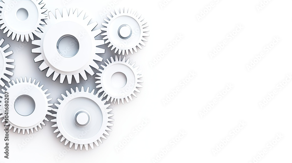 A collection of white gears positioned abstractly against a light background, symbolizing machinery and mechanical processes. A collection of white gears positioned abstractly against a light background, symbolizing machinery and mechanical processes.
