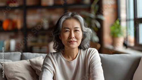 Wallpaper Mural East Asian older woman with gray hair, seated indoors. Torontodigital.ca