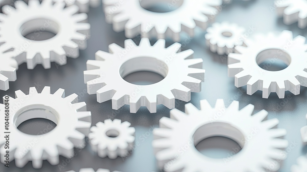 An arrangement of white gears on a reflective surface, showcasing different sizes and intricate teeth. An arrangement of white gears on a reflective surface, showcasing different sizes and intricate teeth.