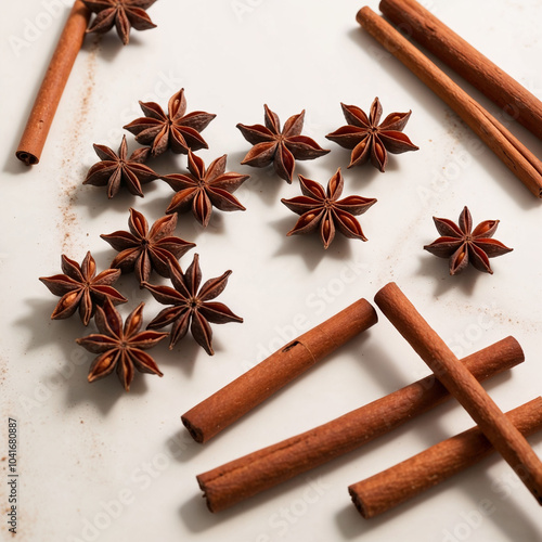 Anise star and aniseeds, spice with strong taste used in cooking, isolated on white background. photo