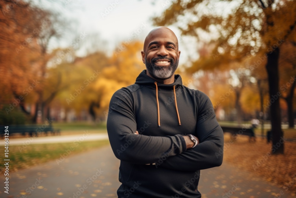 Portrait of a middle age body positive african american man in sporty clothes smiling after running in the city park Portrait of a middle age body positive african american man in sporty clothes smiling after running in the city park