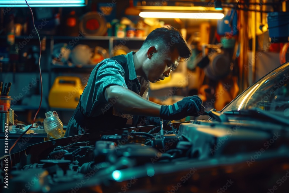 Professional mechanic working on car in auto repair shop Professional mechanic working on car in auto repair shop