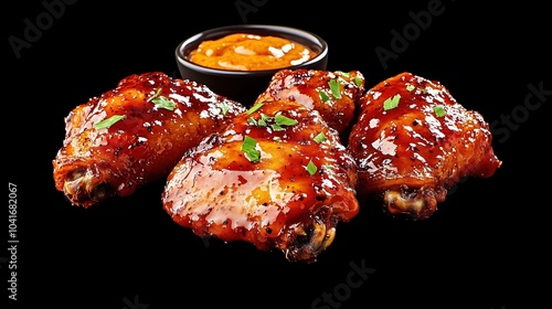 Juicy fried barbecue chicken wings with sauce on a black background. photo