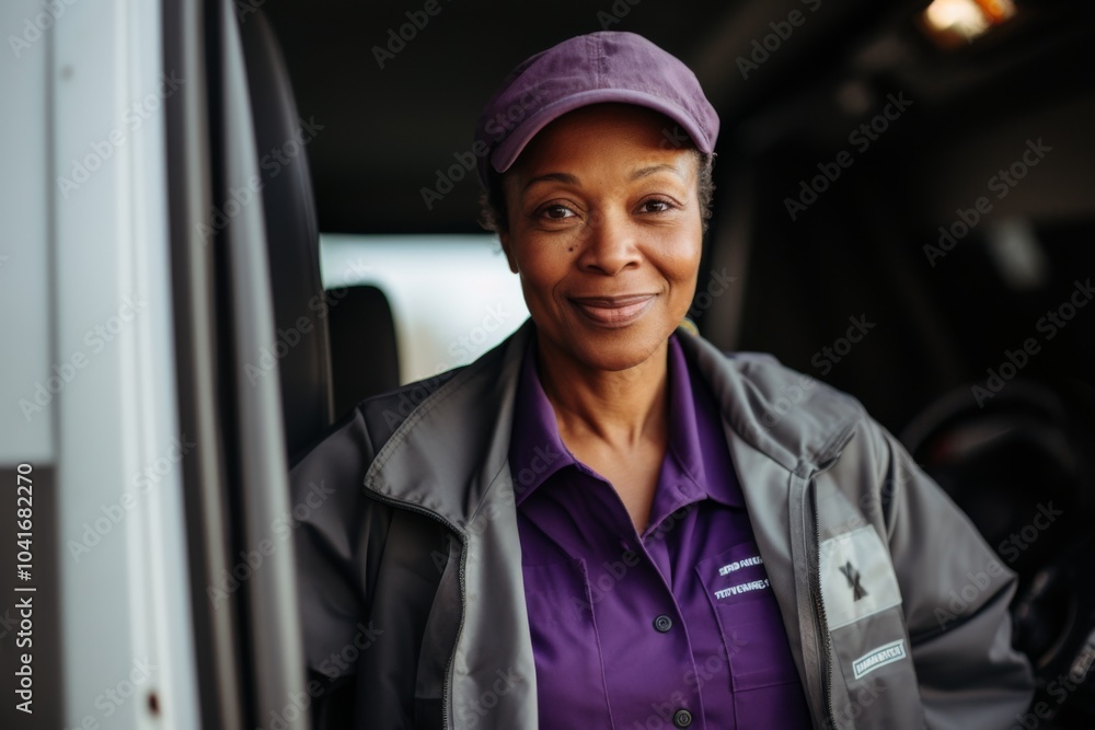 Smiling portrait of a body positive middle aged African American delivery woman Smiling portrait of a body positive middle aged African American delivery woman