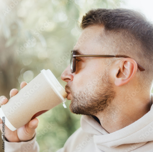 Handsome young man with a beard drinks delicious morning coffee from a paper cup, runs in the morning, wearing a tracksuit, sunglasses, hipster portrait,  workout, sunglasses, autumn, Paris