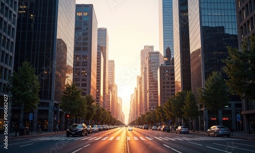 A city street with tall buildings and cars at sunset