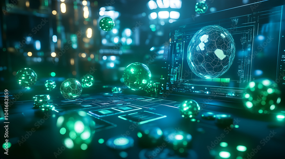 Glowing soccer and data spheres float in a neon-lit, high-tech environment, emphasizing digital innovation and futuristic sports technology Glowing soccer and data spheres float in a neon-lit, high-tech environment, emphasizing digital innovation and futuristic sports technology