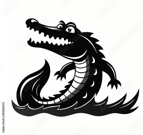 Vector illustration of an alligator's head emerging from the water, in black and white, styled as a cartoon silhouette icon.