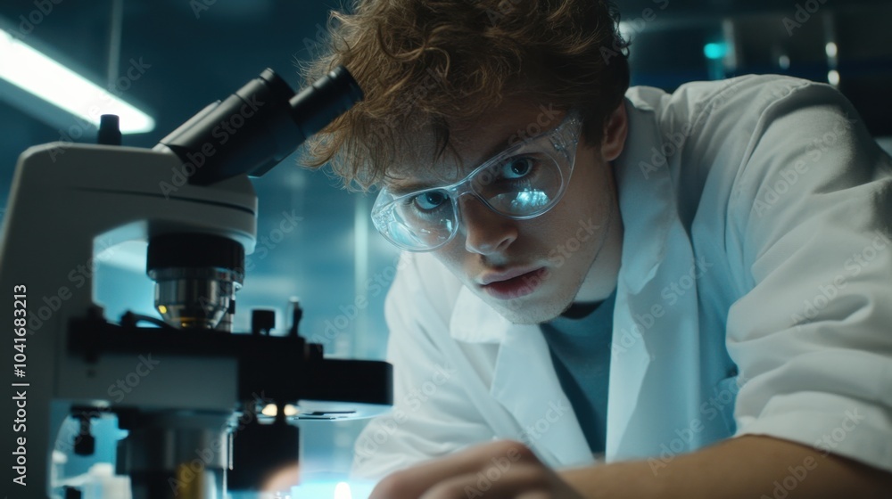 Junge Wissenschaftler untersuchen Proben unter dem Mikroskop im Labor für wissenschaftliche Forschung Junge Wissenschaftler untersuchen Proben unter dem Mikroskop im Labor für wissenschaftliche Forschung