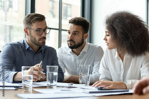 Diverse business team brainstorming ideas during a meeting. They are sitting at a table and looking at a document.