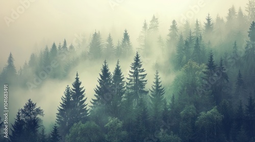 Foggy forest with tall evergreen trees in the morning mist. Concept of mystery, calmness, and nature's beauty. Design for nature-themed posters and calming backgrounds.