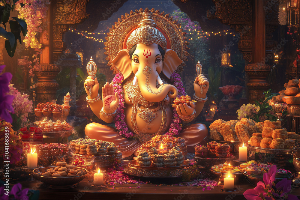 Fototapeta premium Surrounded by an assortment of traditional Diwali sweets and snacks, Lord Ganesha sits with candles and festive decorations in the backdrop, fostering a warm and inviting ambiance