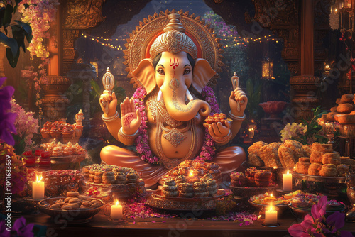 Surrounded by an assortment of traditional Diwali sweets and snacks, Lord Ganesha sits with candles and festive decorations in the backdrop, fostering a warm and inviting ambiance