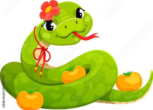 Cartoon green snake character with a sweet smile. 2025 Chinese lunar year reptile wears red ribbon and flower on its head, coiled around several small mandarin fruits with playful and cute expression