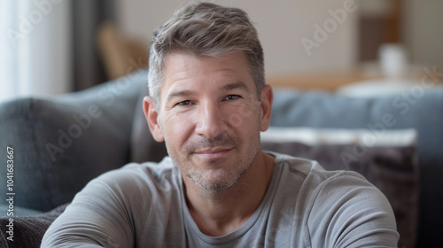 Mature white man with gray hair sitting comfortably at home.