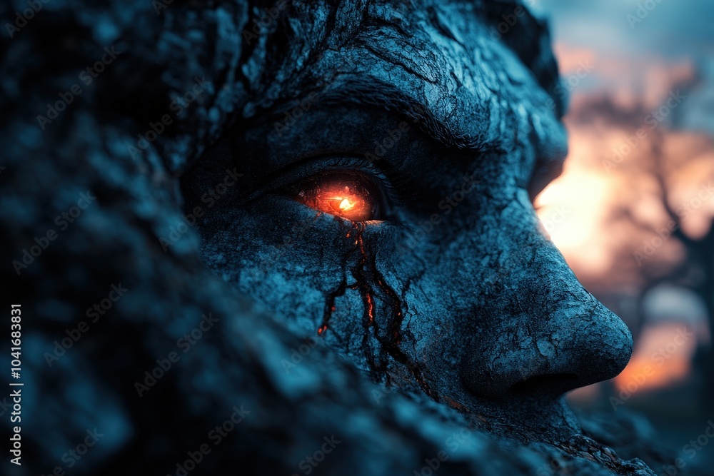 A mythical stony face with a glowing eye peers through the forest, presenting a surreal and atmospheric scene depicting mystery and ancient mythical elements. A mythical stony face with a glowing eye peers through the forest, presenting a surreal and atmospheric scene depicting mystery and ancient mythical elements.