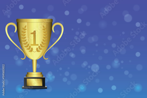Winner's gold cup for first place side view on background with bokeh effect.