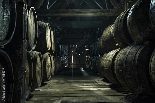 Generative AI image of wooden barrels in a rustic distillery