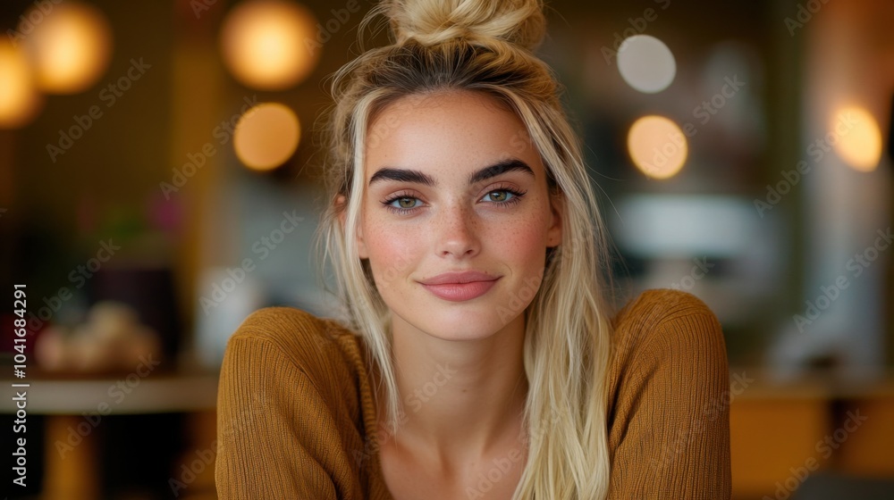 Obraz premium Lebendiges Porträt einer lächelnden Frau in einem gemütlichen Ambiente für digitale Medien und Lifestyle