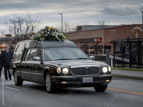 Hearse decorated with flowers in funeral procession on city street photo