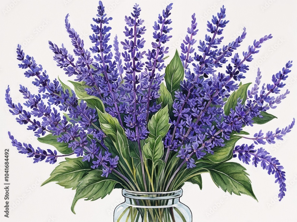 Fototapeta premium Blue and lavender verbena bouquet hand drawn painted painting illustration on plain white background