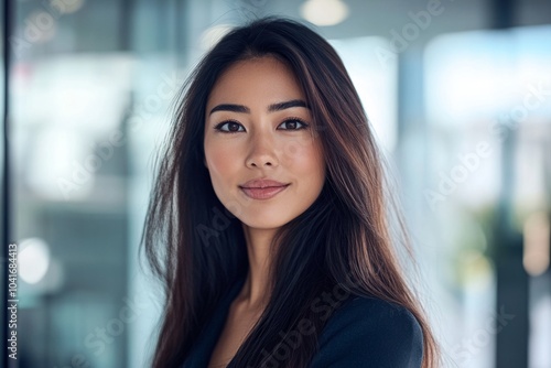 Wallpaper Mural A confident young woman smiles at the camera. She has long, dark hair and a professional outfit. The background is blurred, creating focus on her expression. Generative AI Torontodigital.ca