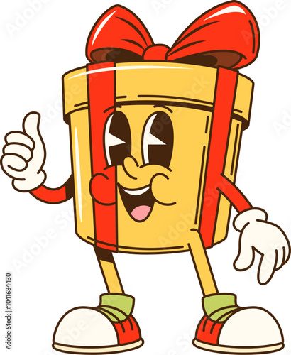 Cartoon groovy Christmas gift box character with a smiling face and thumbs up. Isolated vector retro festive present package with yellow and big red bow celebrates Xmas holiday with funky hippie vibe