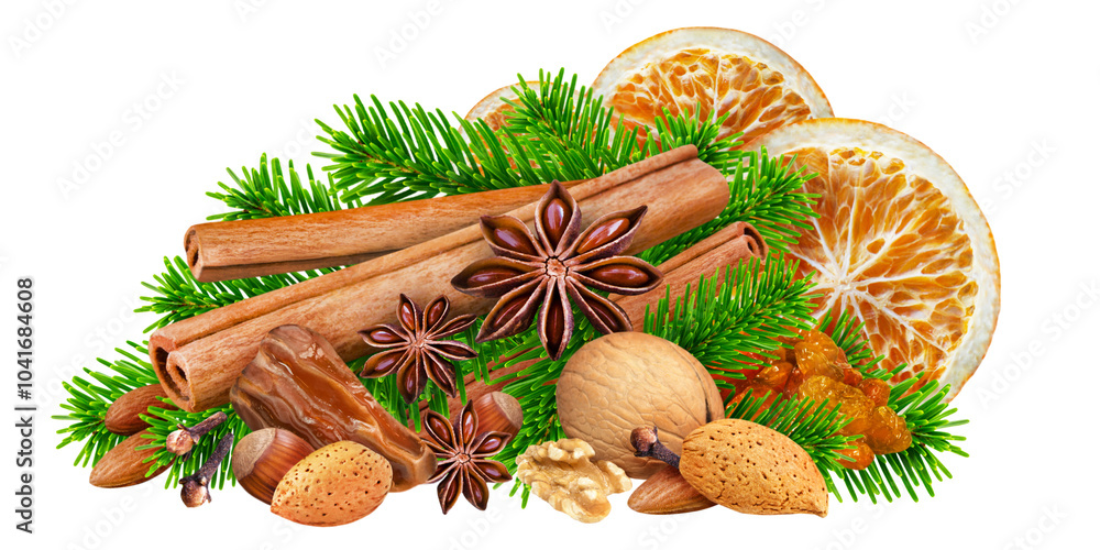 Christmas time and fir branches with dates, cinnamon, oranges, nuts and star anise isolated on white background Christmas time and fir branches with dates, cinnamon, oranges, nuts and star anise isolated on white background