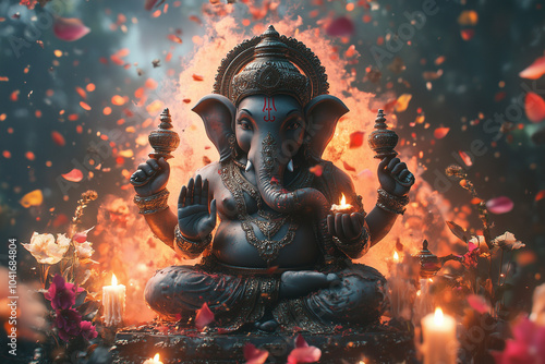 Wallpaper Mural Lord Ganesha is seated at a beautifully adorned table surrounded by vibrant marigold flowers, colorful rangoli patterns, and twinkling fairy lights in the background Torontodigital.ca