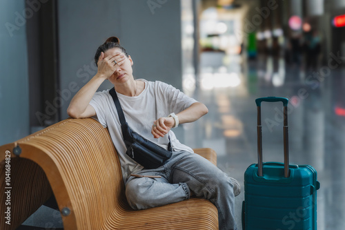 Obraz na płótnie Young tired unhappy woman traveler waiting for flight or train departure with suitcase and at airport or train station, flight delay cancellation concept w salonie