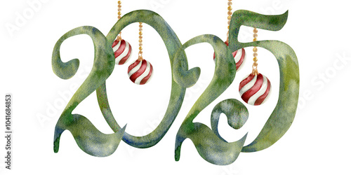 New year decoration, 2025 green numbers for lunar calendar snake symbol year with hanging balls watercolor illustration. Hand drawn isolated arrangement for packing ,poster, web design. photo