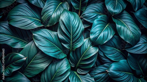 Close-up of tropical black leaves texture with a dark tone, creating an abstract nature pattern background.