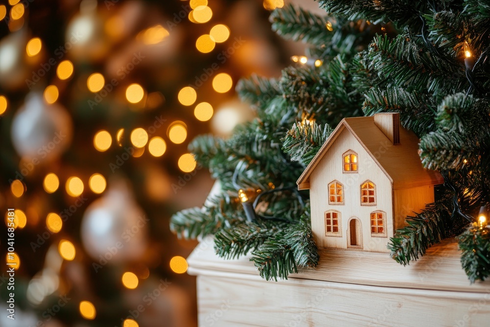 Christmas background with fir tree and lighting lights. Christmas tree decorated with house with garlands and wooden background with generative ai Christmas background with fir tree and lighting lights. Christmas tree decorated with house with garlands and wooden background with generative ai
