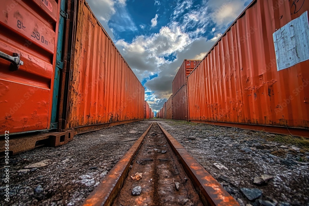 Obraz premium Narrow train track between two red shipping containers