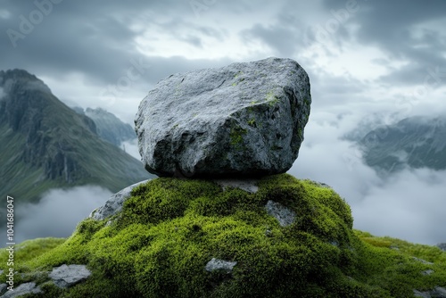 A massive rock crowned with patches of lichen and moss dominates a mist-shrouded hilltop in an alpine setting, representing strength and endurance in nature. photo