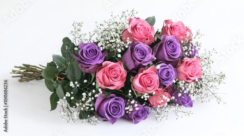 A luxurious bouquet of pink and purple roses with babyâ€™s breath on a white backdrop.