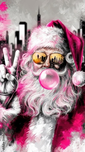 Santa Claus with Sunglasses Blowing Bubblegum in a Modern Urban Setting
