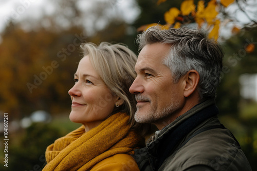 Couple traveling together in autumn forest generative AI