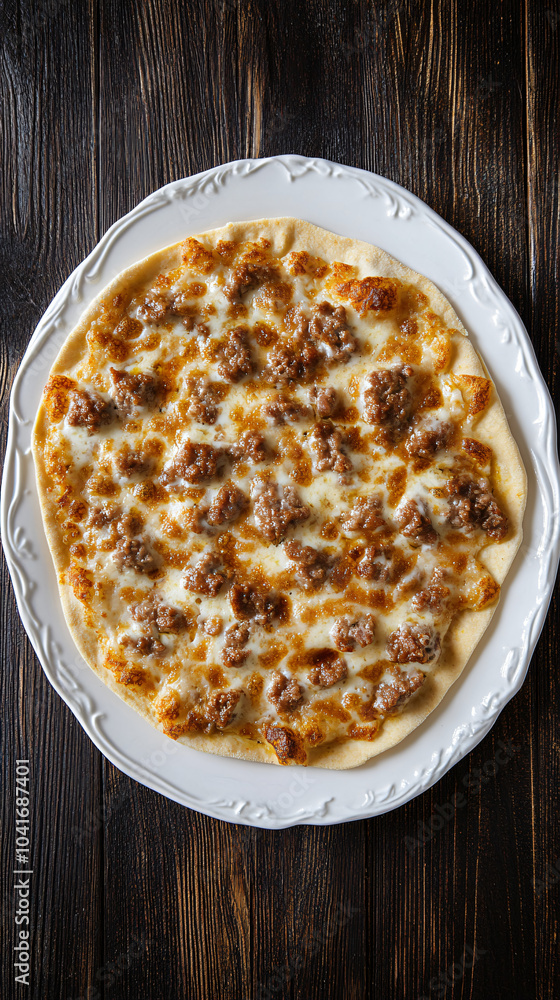 Freshly baked delicious lebanese man'ousheh meat pizza on a white plate lying on a wooden table Freshly baked delicious lebanese man'ousheh meat pizza on a white plate lying on a wooden table