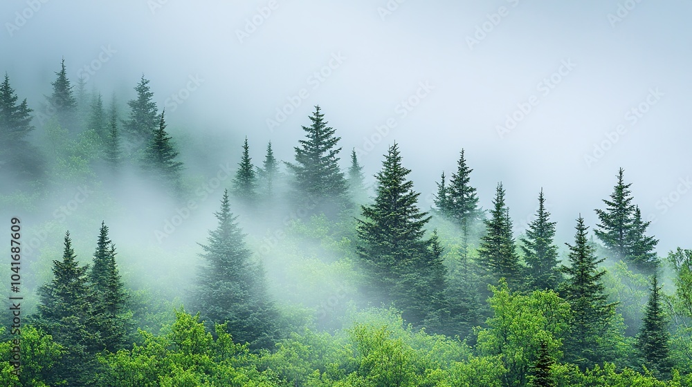 Misty Forest with Evergreen Trees and Greenery Misty Forest with Evergreen Trees and Greenery