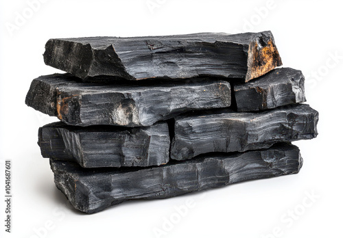 Black coal isolated on white background, collection set of black charcoal wood for burning or food cooking in natural traditional style.