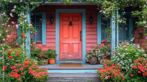 A colorful front door surrounded by blooming flowers and a welcoming porch.