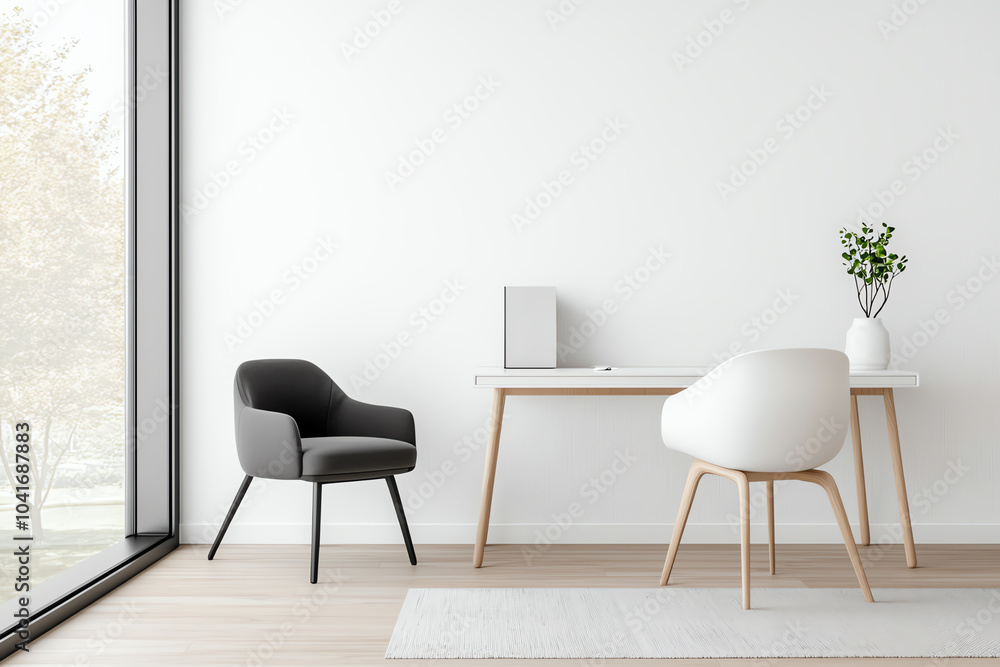 Obraz premium Elegant monochrome home office a stylish blend of black and white design elements for modern workspaces