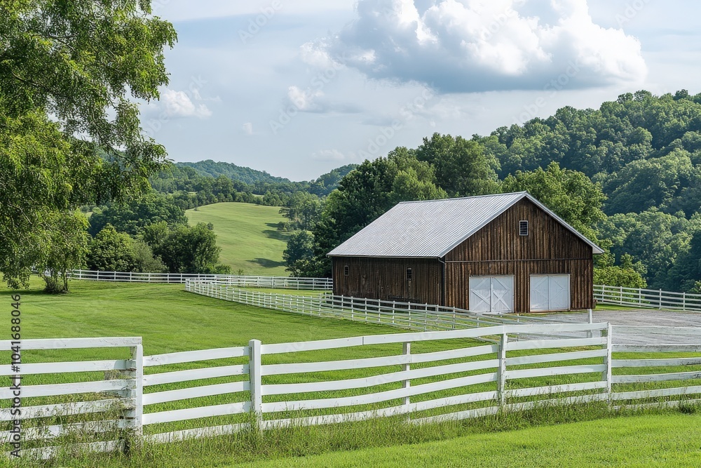 Horse Barn in Scenic Kentucky Countryside with White Fence Horse Barn in Scenic Kentucky Countryside with White Fence