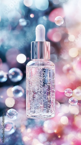 Sparkling glass dropper bottle filled with shimmering serum against a dreamy bokeh background of soft pink and blue hues, evoking luxury skincare magic.