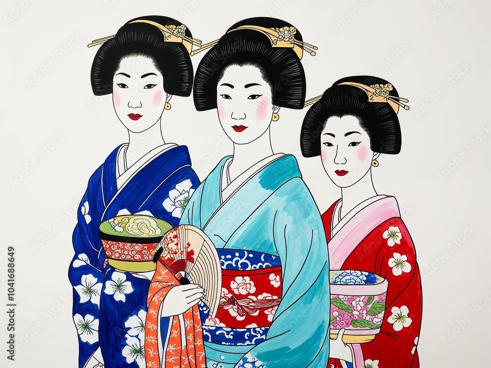 geisha hand drawn painted painting illustration on plain white background geisha hand drawn painted painting illustration on plain white background
