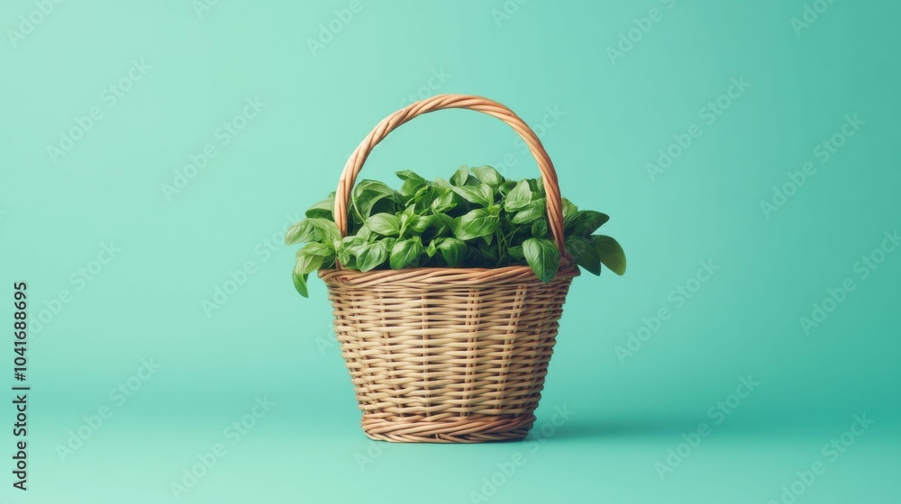 Concept about vegetables on the green background. A basket of herbs is sitting on a green background Concept about vegetables on the green background. A basket of herbs is sitting on a green background